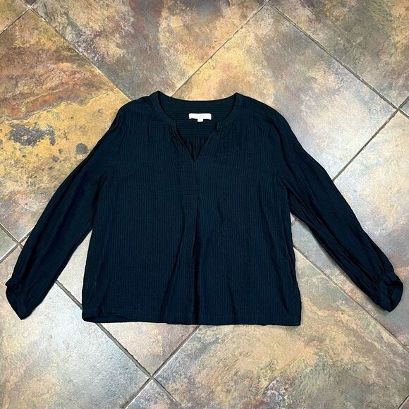 Loft Striped Textured Black Notched V-neck Top XL - Picture 5 of 11